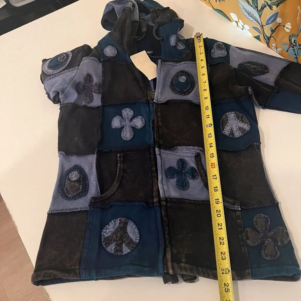 Cotton Jacket Stonewash Hippie Boho  Emo Funky Patchwork Pixie Zip Hoodie Sz M - Picture 6 of 6